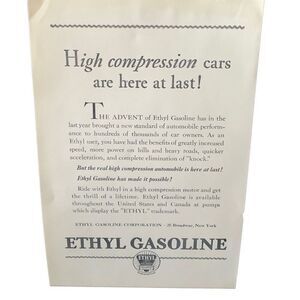Vintage 1927 Ethyl Gasoline High Compression Ad Advertisement